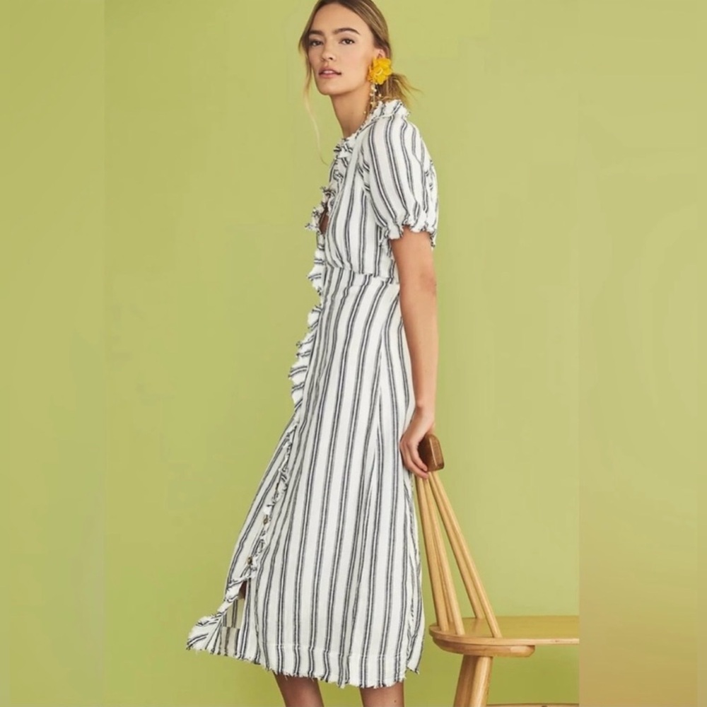 Pilcro White and Black Striped Ruffled Midi Dress